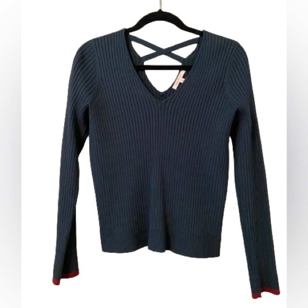 Skies Are Blue, dark green v-neck sweater with striped red cuffs, size Medium